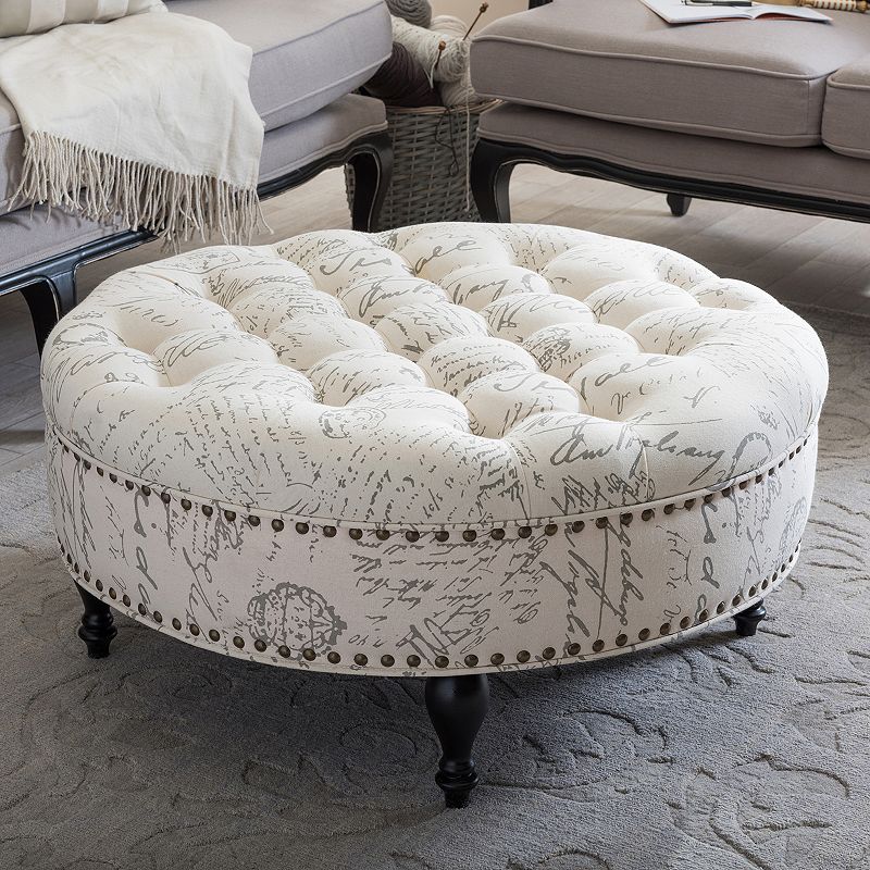 Palfrey Tufted Ottoman Beige - Baxton Studio: Eucalyptus Frame, Linen Upholstery, French Script Print