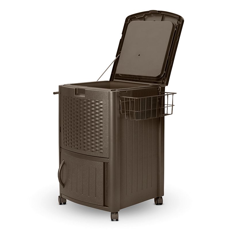 Suncast 77-Quart Wheeled Outdoor Wicker Cabinet Cooler, Brown