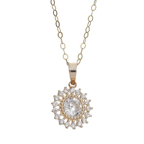 Cubic Zirconia 10k Gold Halo Pendant Necklace