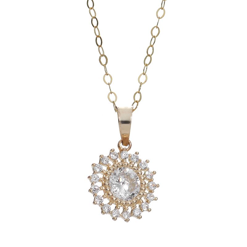 Cubic Zirconia 10k Gold Halo Pendant Necklace, Womens, Size: 18, White