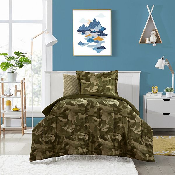 Blue Tan Camo Camouflage 4 pc Quilt Coverlet Set Twin XL Full Queen Bed Military 