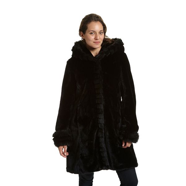 Plus Size Excelled Hooded Faux Fur Jacket, Black Hooded Fur Coat Womens
