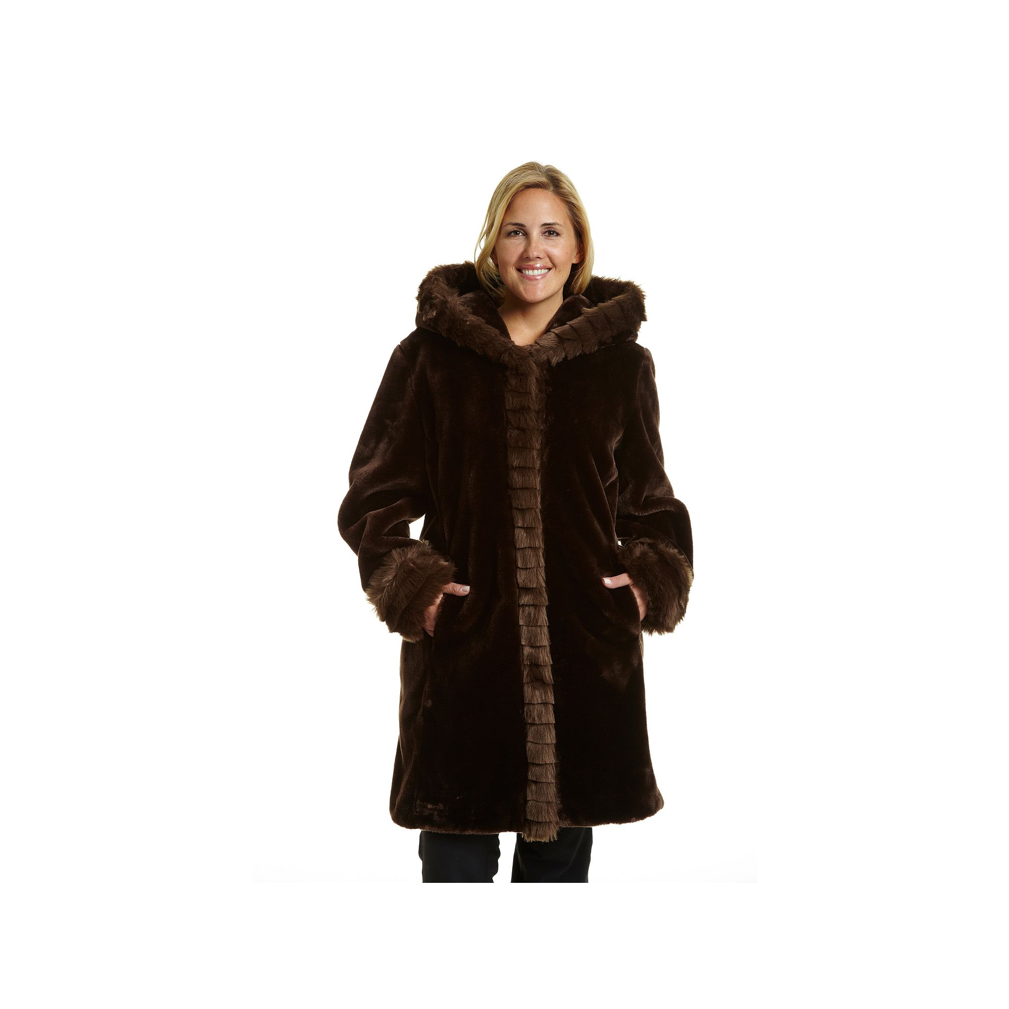 Plus Size Excelled Hooded Faux-Fur Jacket, Womens, Size: 2XL, Brown