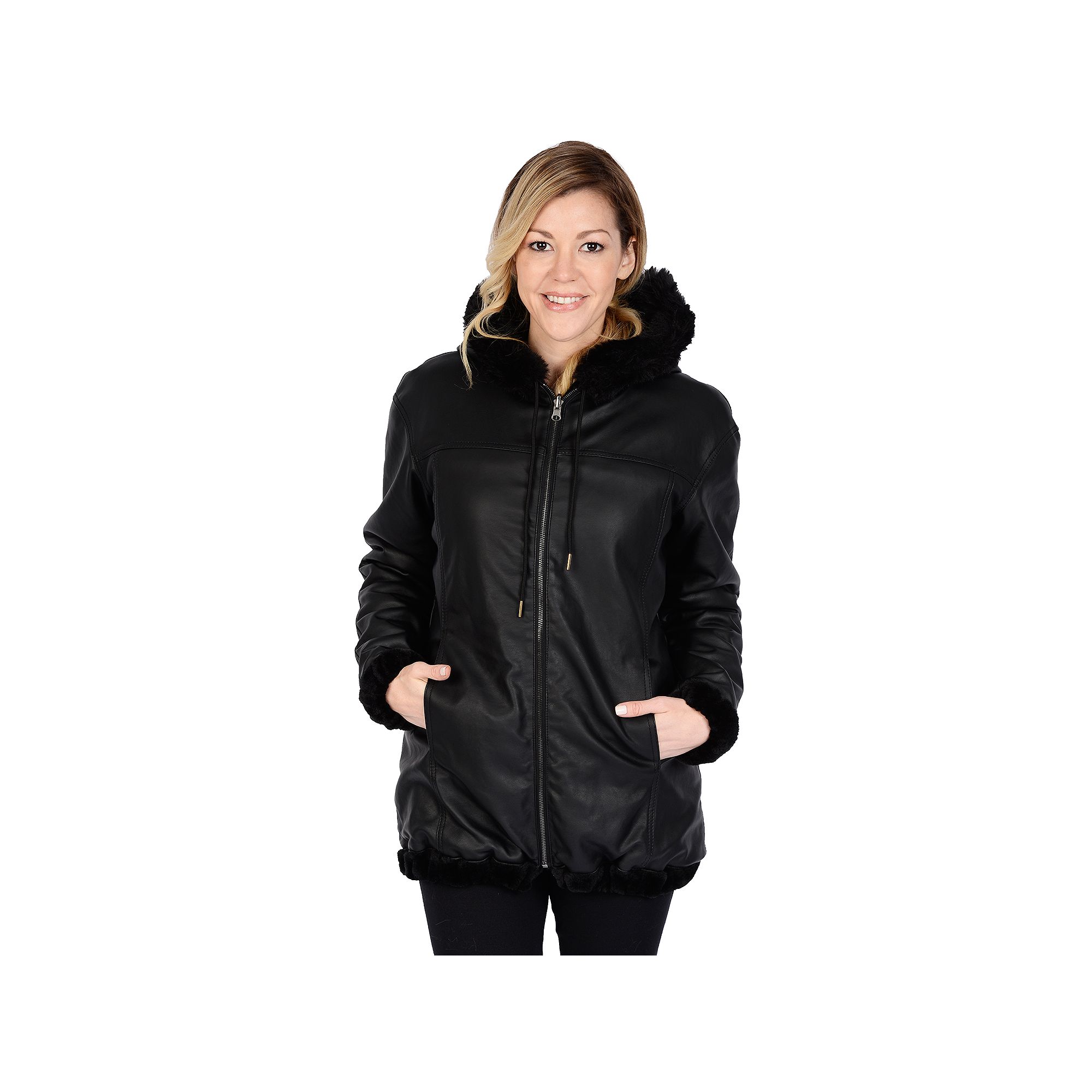 Womens Excelled Hooded Reversible Faux-Leather Jacket, Size: Small, Black