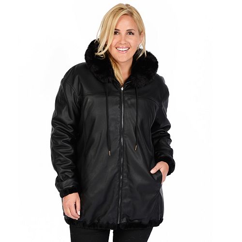 Plus Size Excelled Hooded Reversible Faux-Leather Jacket