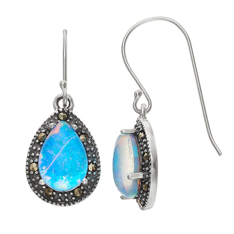Tori Hill Sterling Silver Simulated Blue Opal Doublet & Marcasite Teardrop 