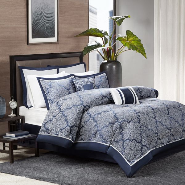 Madison Park Barrett 8 Pc Comforter Set, Navy Blue And Grey Queen Bed Set