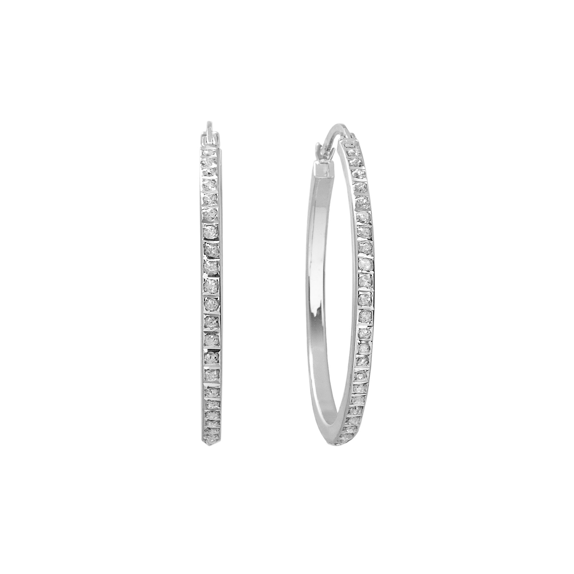 Diamond Mystique Platinum Over Silver Hoop Earrings, Womens, White