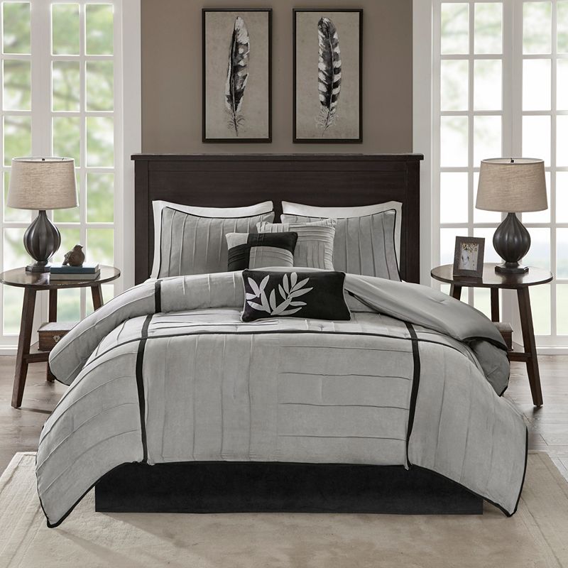 Gray Landcaster Microsuede Pleated Comforter Set King 7pc