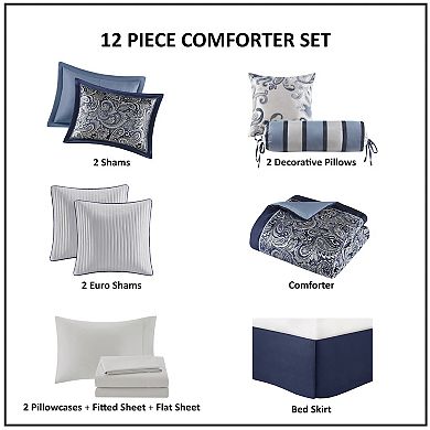 Madison Park Whitman 12-Piece Paisley Comforter Set with Cotton Bed Sheet Set