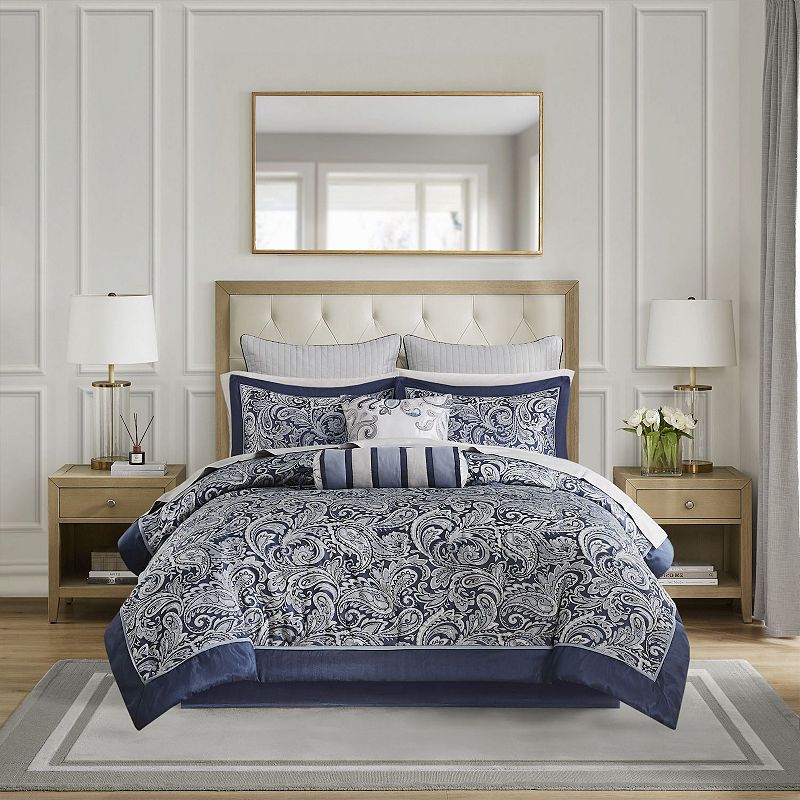 Home Essence Charlotte 12 Piece Navy Blue Bedding Comforter Set with 100% Cotton Sheets  King