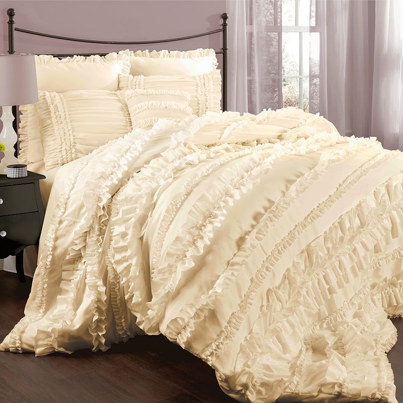Belle Ruffle Comforter Set (Queen) Ivory 4pc - Lush Décor