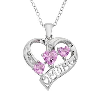 Lab-Created Pink Sapphire & Diamond Accent Sterling Silver Heart Mom Pendant