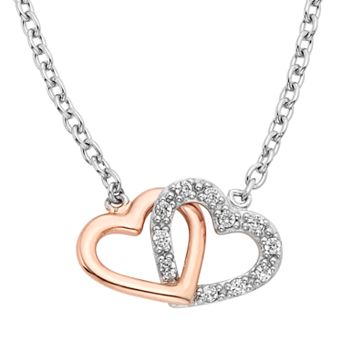 1/8 Carat T. W. Diamond Sterling Silver Two Tone Double Heart Necklace