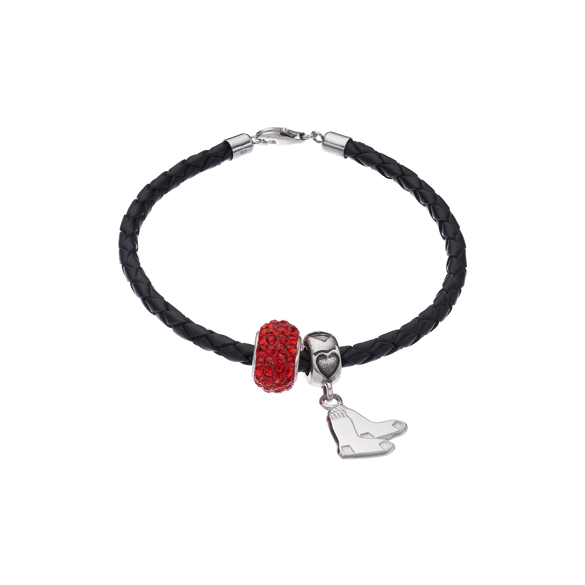 LogoArt Boston Red Sox Crystal Sterling Silver & Leather Charm Bracelet, 