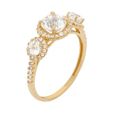 Cubic Zirconia 3-Stone Halo Engagement Ring in 10k Gold