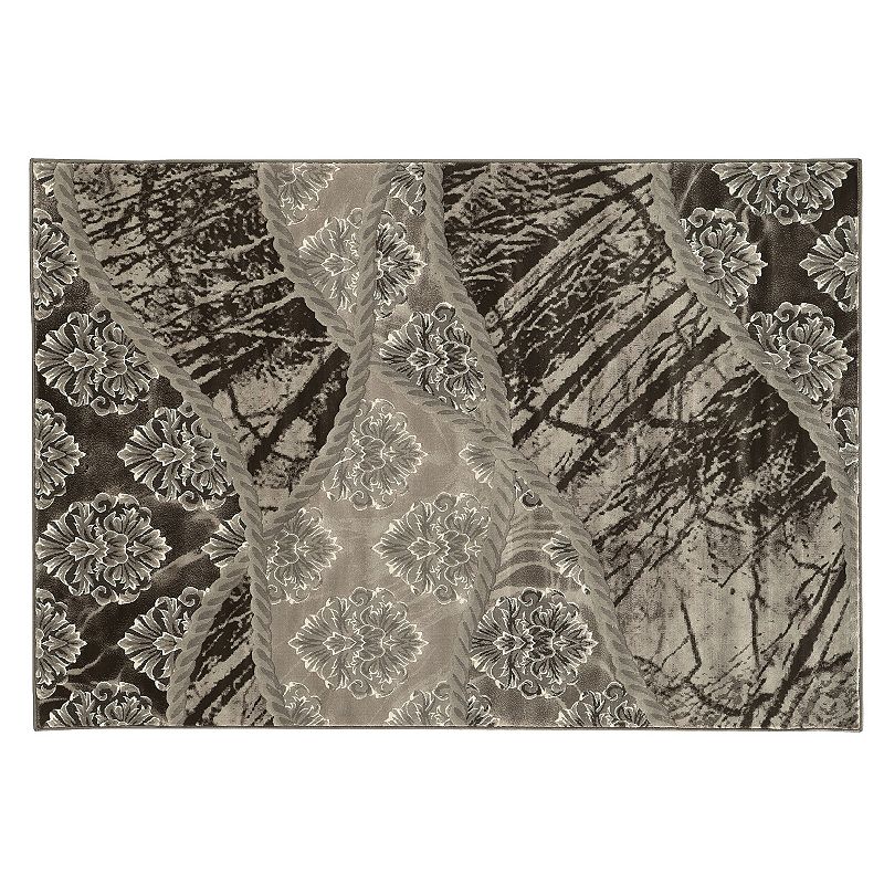 Linon Jewel Damask Black / Brown Rug, 5X7.5 Ft