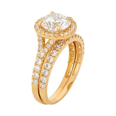 Cubic Zirconia Halo Engagement Ring Set in 10k Gold