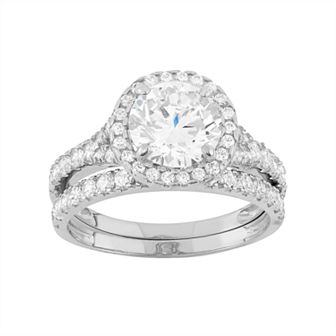 Cubic Zirconia Halo Engagement Ring Set in 10k Gold