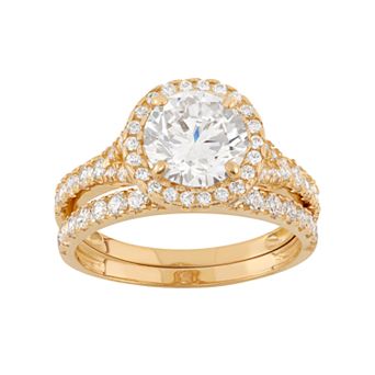 Cubic Zirconia Halo Engagement Ring Set in 10k Gold