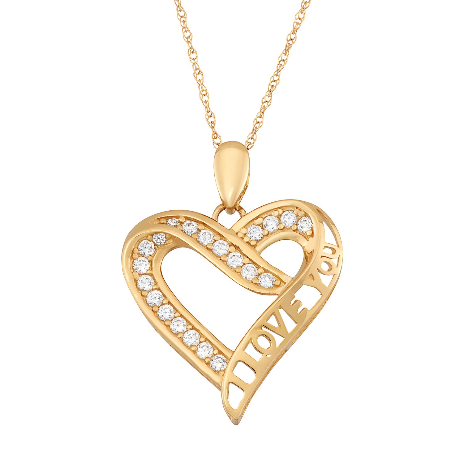 Cubic Zirconia 10k Gold I Love You Heart Pendant Necklace