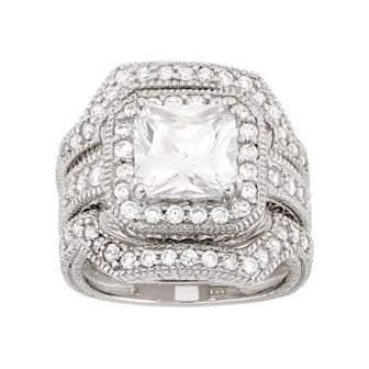 Cubic Zirconia Halo Engagement Ring Set in Sterling Silver