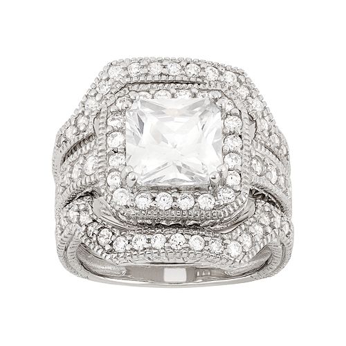 Cubic Zirconia Halo Engagement Ring Set in Sterling Silver