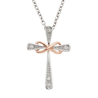 Diamond Accent Sterling Silver Two Tone Infinity Cross Pendant Necklace
