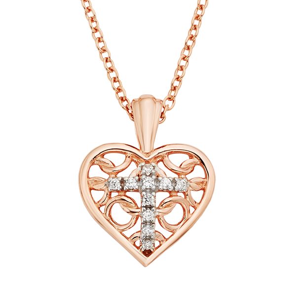 Diamond Accent Pink Rhodium-Plated Sterling Silver Heart & Cross Pendant