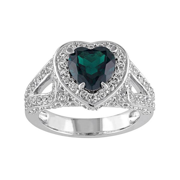 Lab-Created Emerald & Lab-Created White Sapphire Sterling Silver Heart Ring
