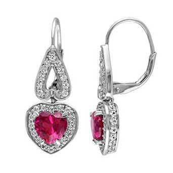 Stella Grace Lab-Created Ruby & Lab-Created White Sapphire Sterling Silver Heart Drop Earrings