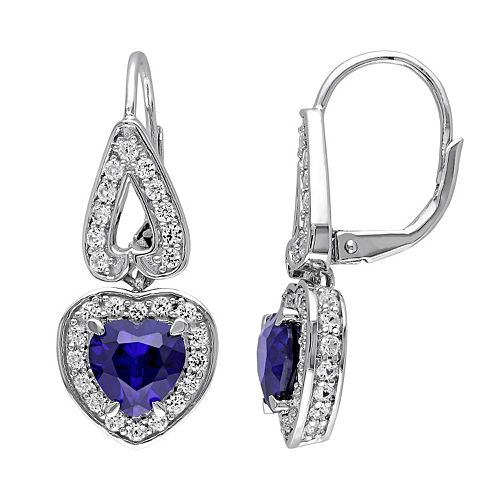 Lab-Created Blue & White Sapphire Sterling Silver Heart Drop Earrings