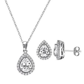 Stella Grace Lab-Created White Sapphire Sterling Silver Teardrop Halo Pendant Necklace & Stud Earring Set