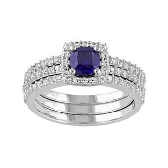 Stella Grace Lab-Created Blue & White Sapphire Frame Engagement Ring Set in Sterling Silver