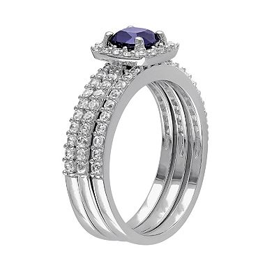 Stella Grace Lab-Created Blue & White Sapphire Frame Engagement Ring Set in Sterling Silver