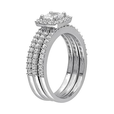Stella Grace Sterling Silver Lab-Created White Sapphire Halo Engagement Ring Set