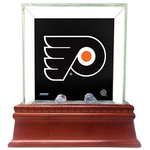 Steiner Sports Glass Single Puck Display Case with Philadelphia Flyers Logo Background