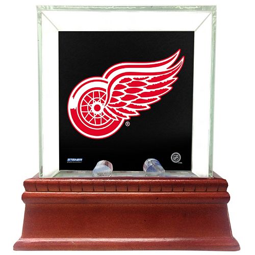 Steiner Sports Glass Single Puck Display Case with Detroit Red Wings Logo Background