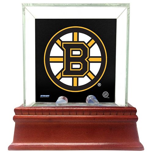 Steiner Sports Glass Single Puck Display Case with Boston Bruins Logo Background