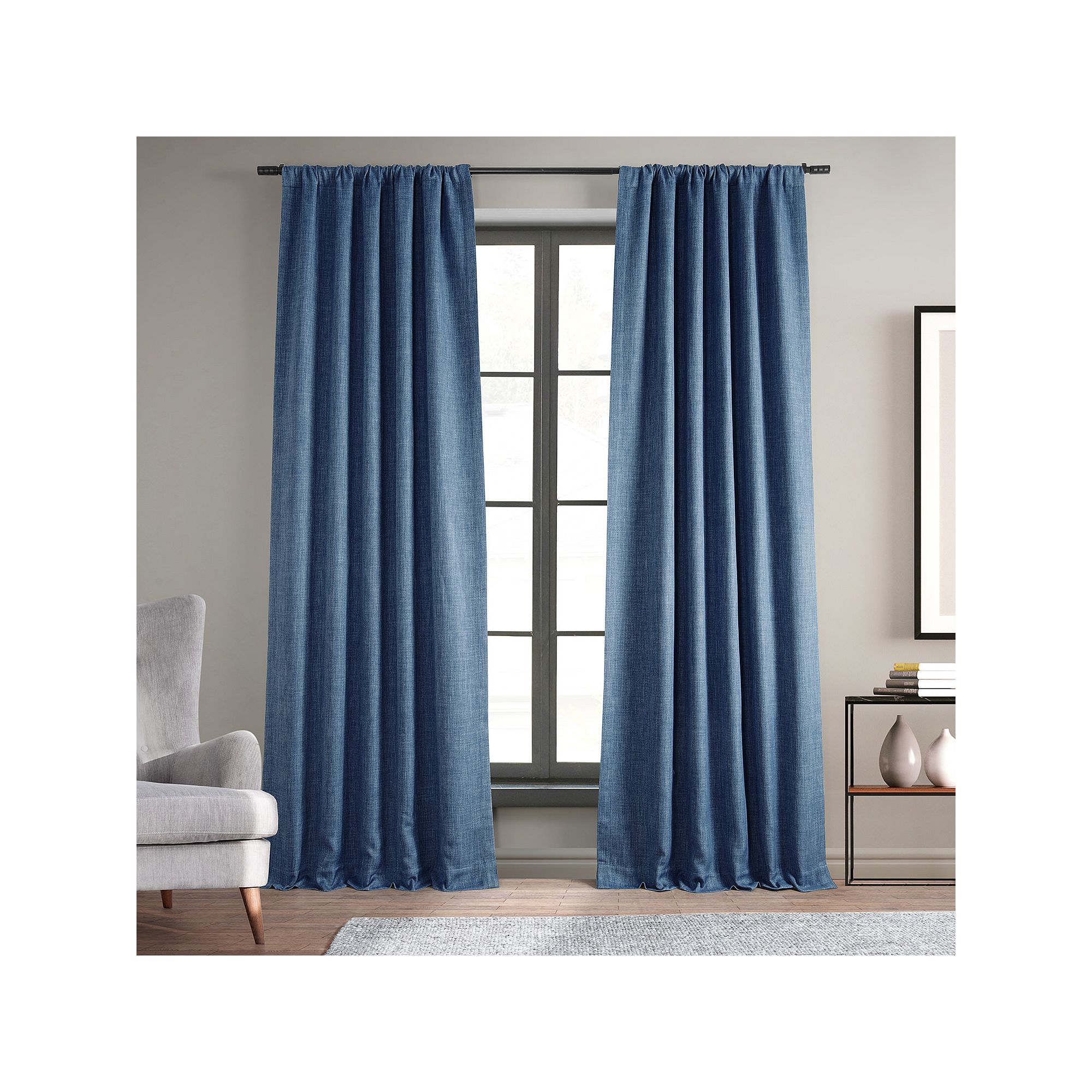 EFF 1-Panel Solid Faux-Linen Window Curtain, Blue