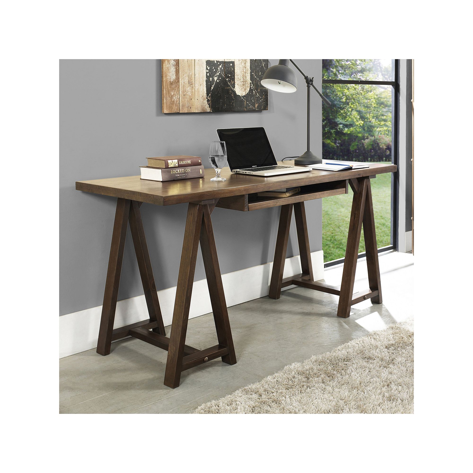 Simpli Home Sawhorse Desk, Medium Saddle Brown