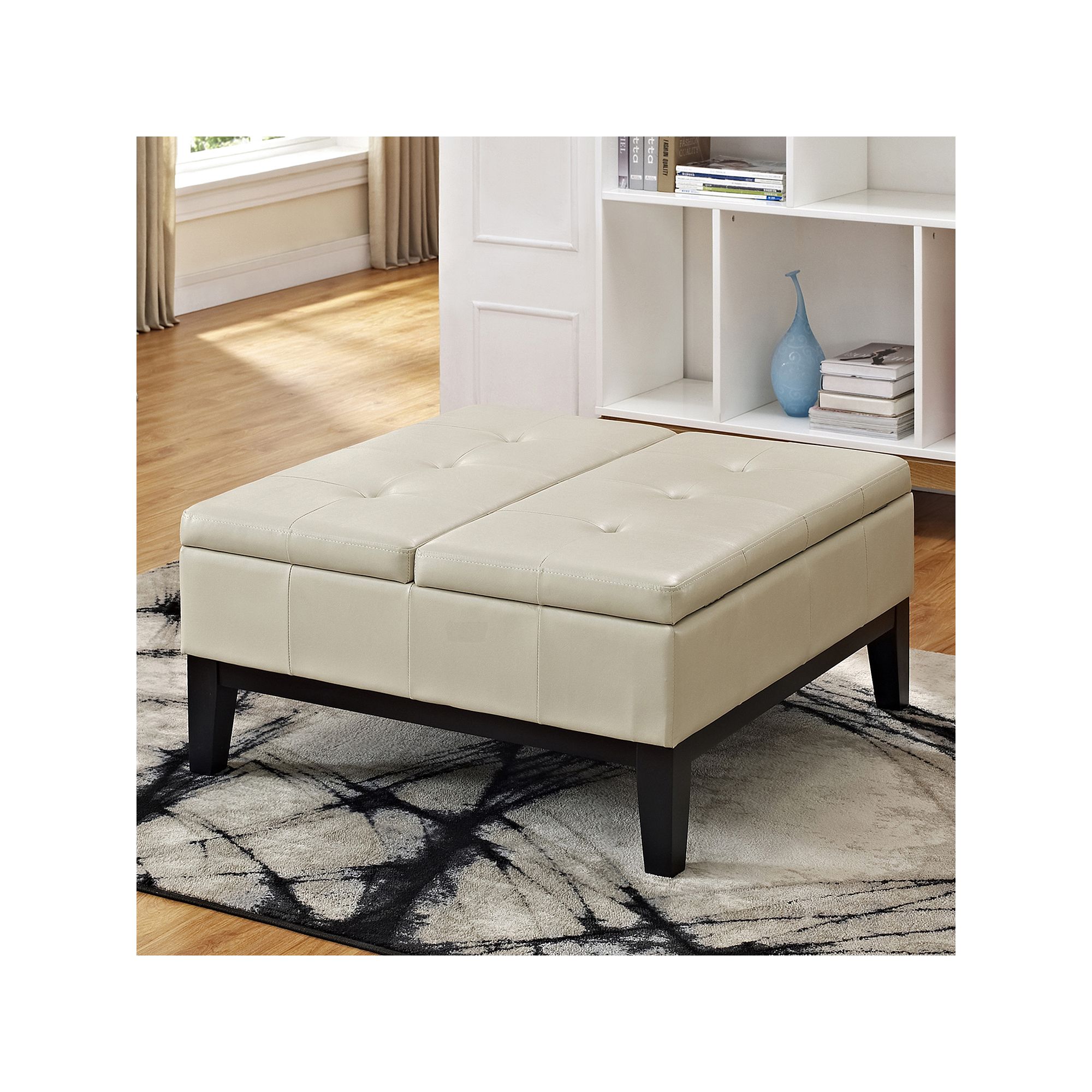 Simpli Home Dover Square Coffee Table Storage Ottoman, Satin Ivory