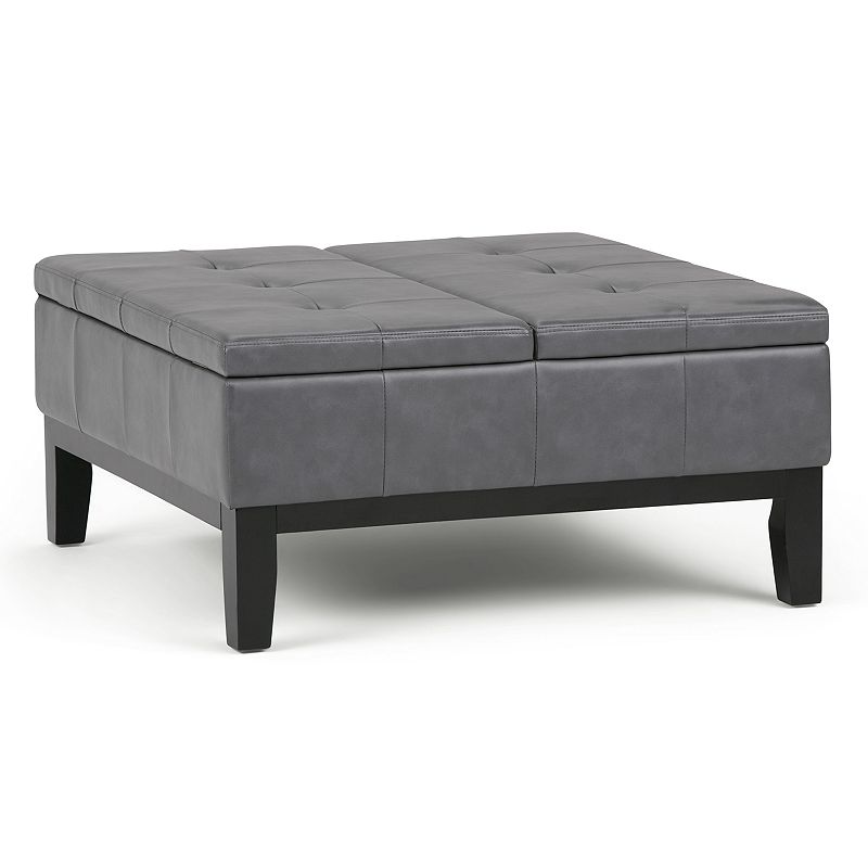 Simpli Home Milltown Small Ottoman Bench in Distressed Black Faux Leather