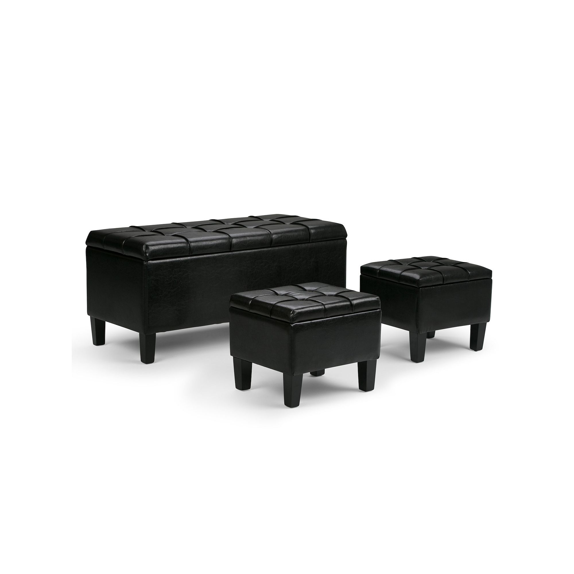 Simply Home Dover Faux-Leather Storage Ottoman Bench 3-piece Set, Black Bla