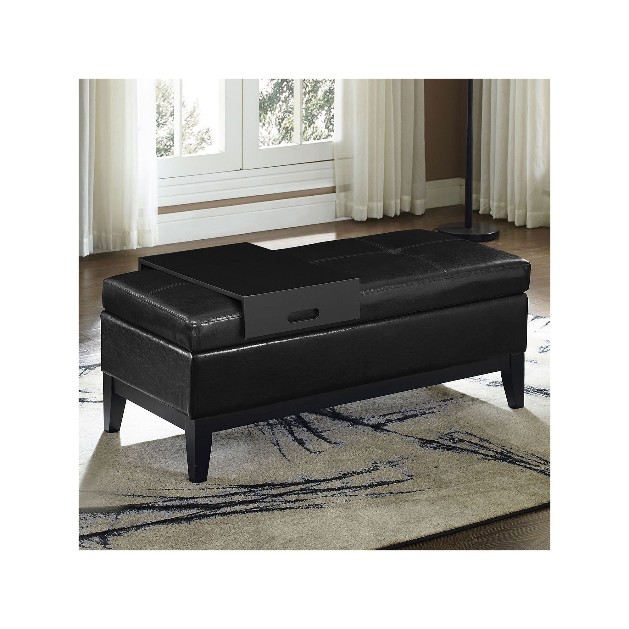 Simpli Home Oregon Faux-Leather Storage Ottoman & Tray 2-piece Set, Black B