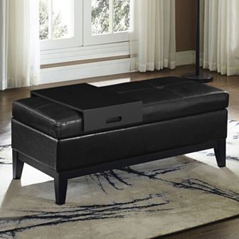 Simpli Home Oregon Faux-Leather Storage Ottoman & Tray 2 pc Set