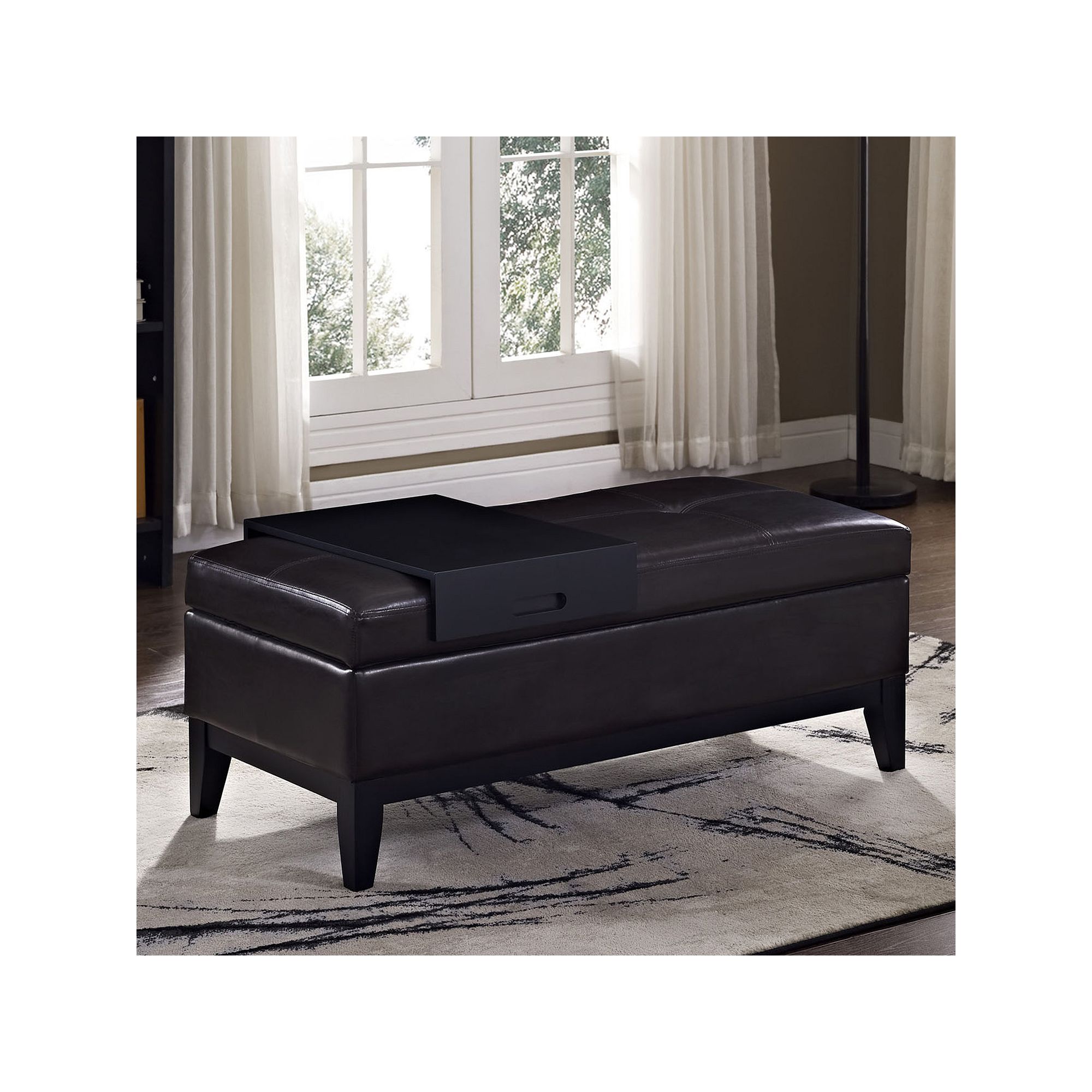 Simpli Home Oregon Faux-Leather Storage Ottoman & Tray 2-piece Set, Tanners