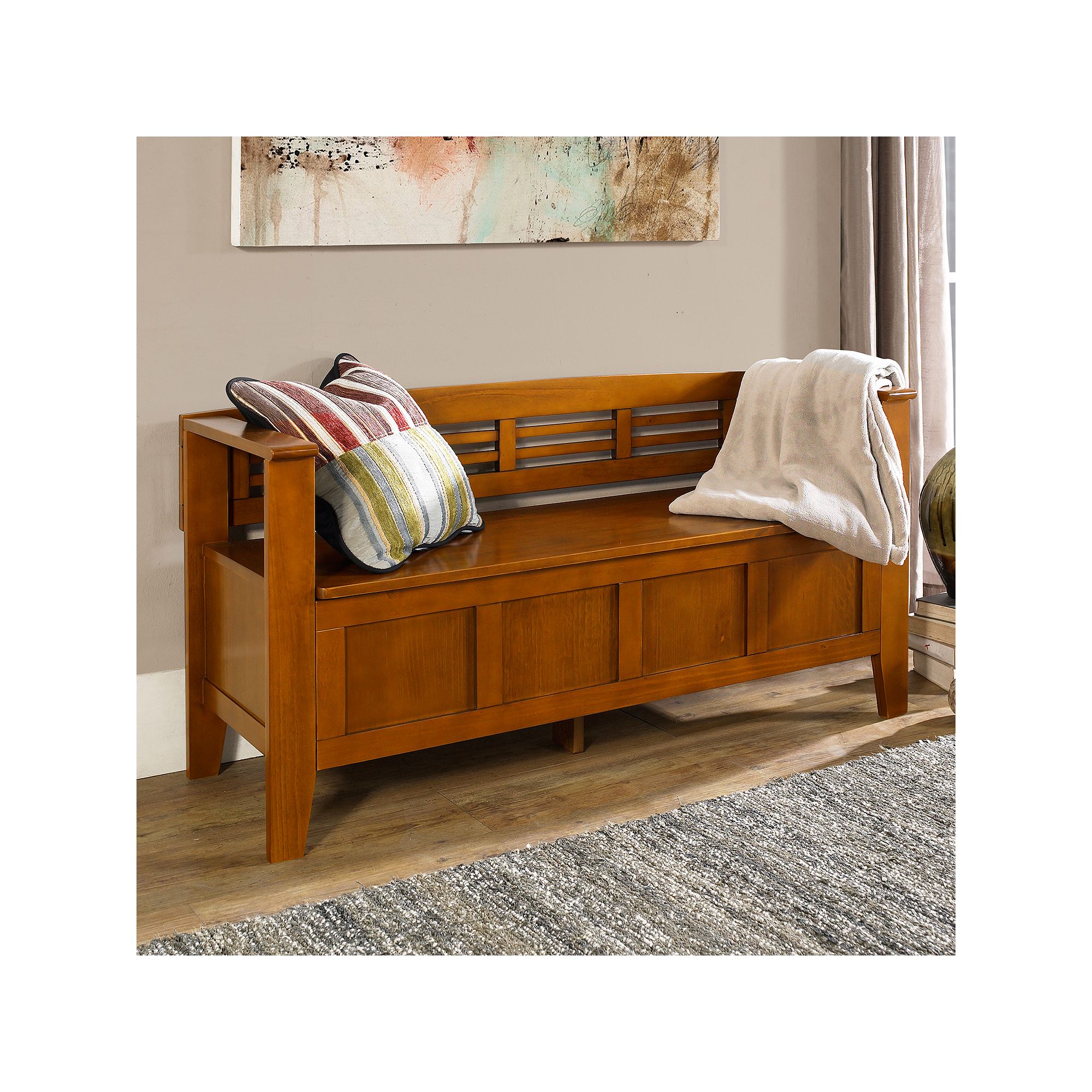 Simpli Home Adams Entryway Storage Bench, Light Avalon Brown