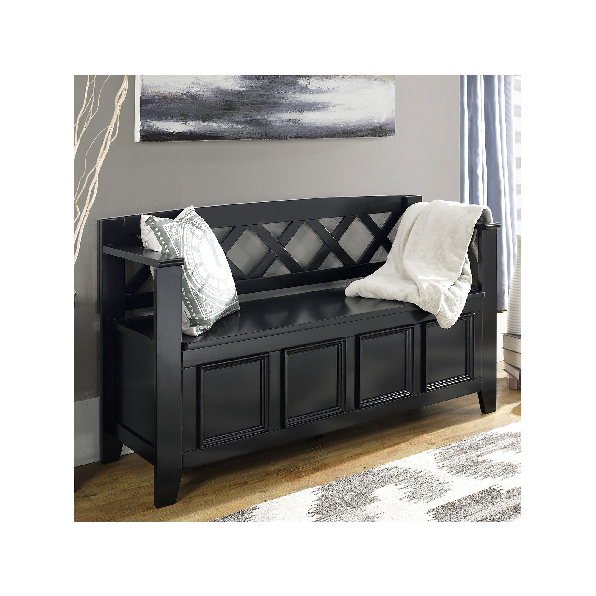 Simpli Home Amherst Pine Entryway Storage Bench, Black