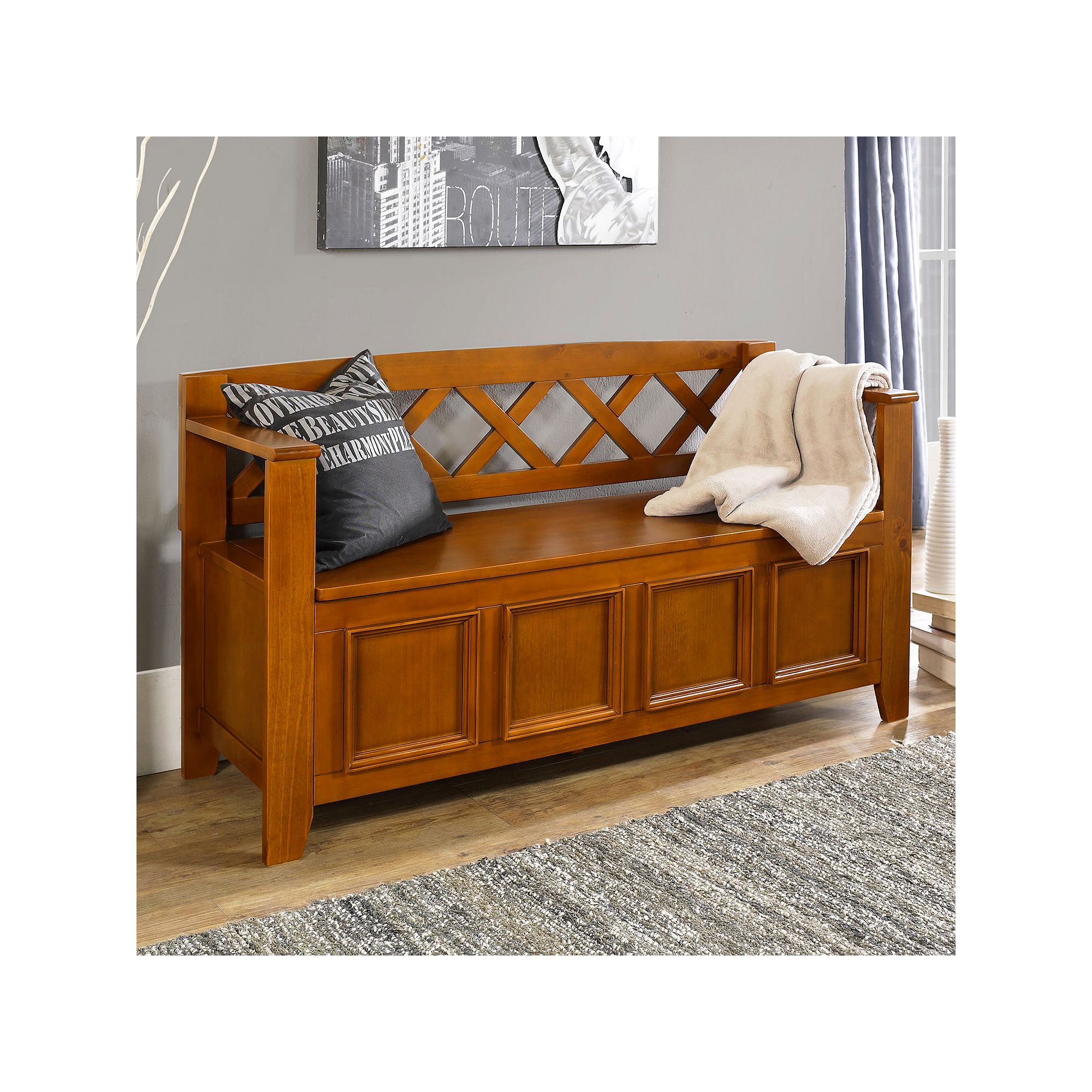 Simpli Home Amherst Pine Entryway Storage Bench, Light Avalon Brown